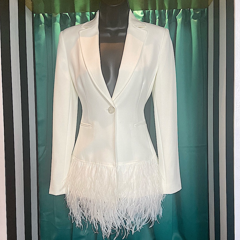 White Feather-Fringe Blazer